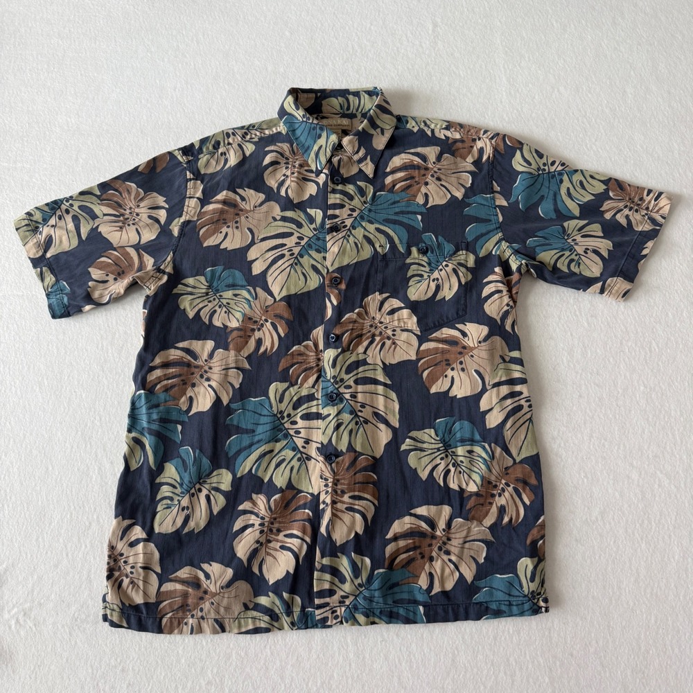 Kona Kai Trading Company Hawaiian Shirt Mens Large Navy Blue Silk Blend Tropical